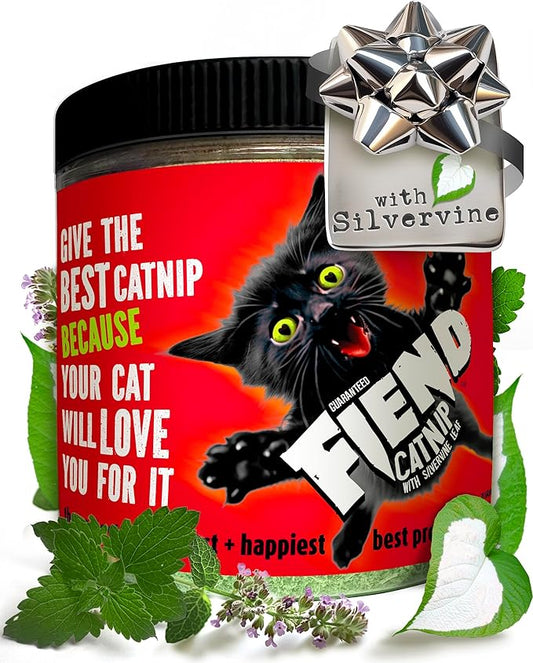 Fiend Catnip + Silvervine for Cats & Kittens Safety-Cut Premium Fine Cat Nip Blend with Vegan Silvervine + Sticker – Ultra Potent, North American – 1 Cup (34.5g) Go Ahead, Create a Monster!-PurrikoPets