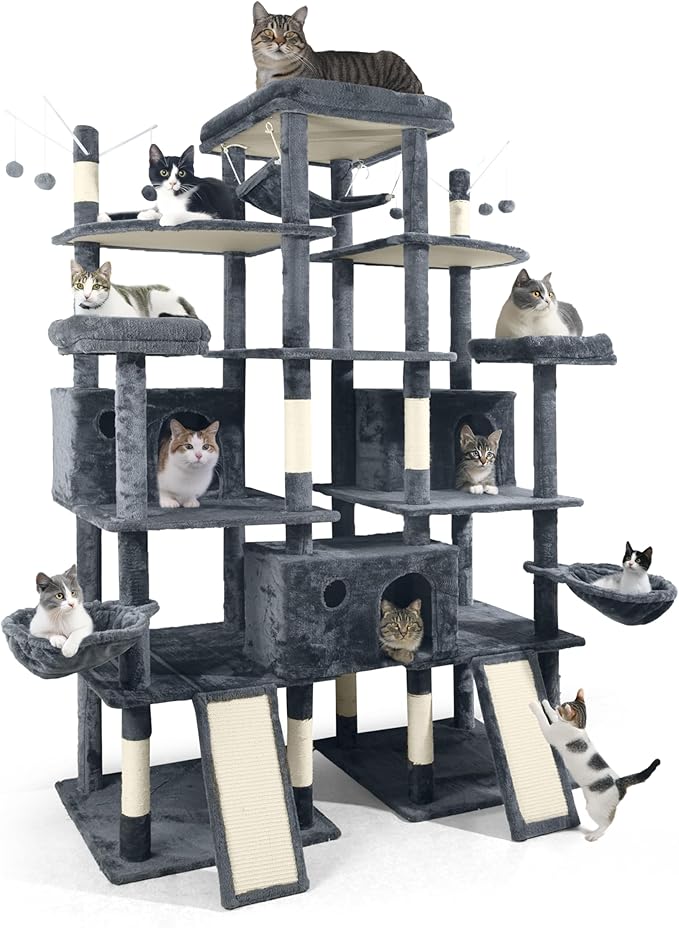 Extra Large 80-Inch Tall Cat Tree w/Widened Perch for Large Cats, Big Cat Tower Indoor, Modern Multi-Level Activity Tower with Scratching Posts, Condos, Baskets, Hammock, Scratching Ramps-PurrikoPets