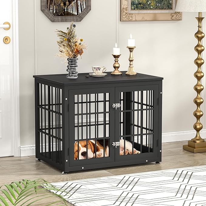32 Inch Heavy Duty Dog Crate Furniture for Medium and Small Dogs, Decorative Pet House End Table, Wooden Cage Kennel Furniture Indoor, Black-PurrikoPets