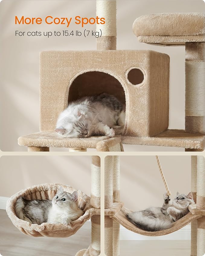 Feandrea Cat Tree, 81.1-Inch Large Cat Tower with 13 Scratching Posts, 2 Perches, 2 Caves, Basket, Hammock, Pompoms, Multi-Level Plush Cat Condo for Indoor Cats, Camel Brown UPCT190K01-PurrikoPets