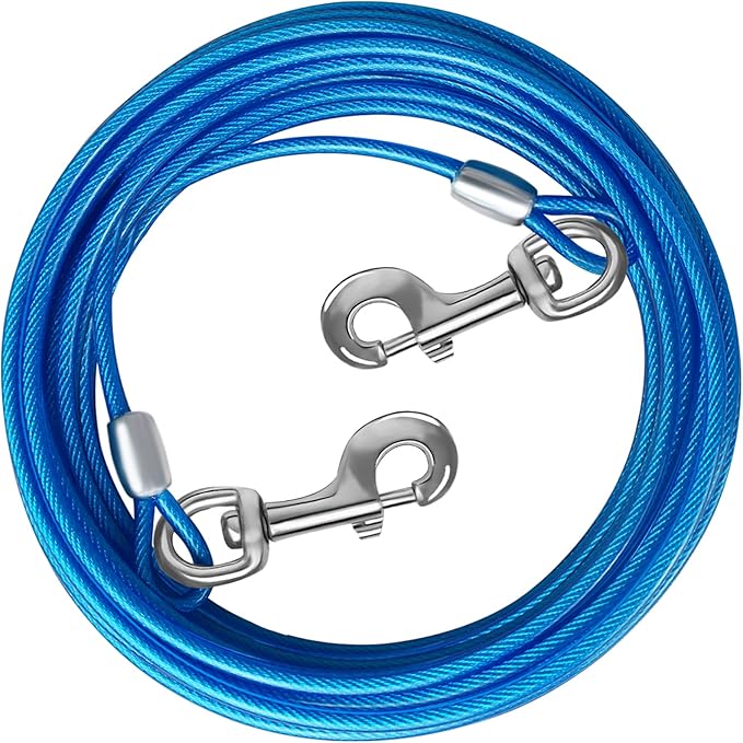 Dog Tie Out Cable 10/15/20/25/30 FT Runner for Yard Steel Wire Cable with Durable Superior Clips Blue Chains for Outside Dog Lead for Large Up to 165 Lbs-PurrikoPets