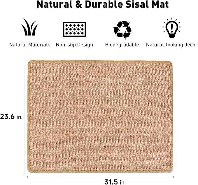 FUKUMARU Cat Scratcher Mat, 23.6 X 31.5 Inch Natural Sisal Cat Scratch Mats, Horizontal Cat Floor Scratching Pad Rug, Protect Carpets and Sofas Brown-PurrikoPets