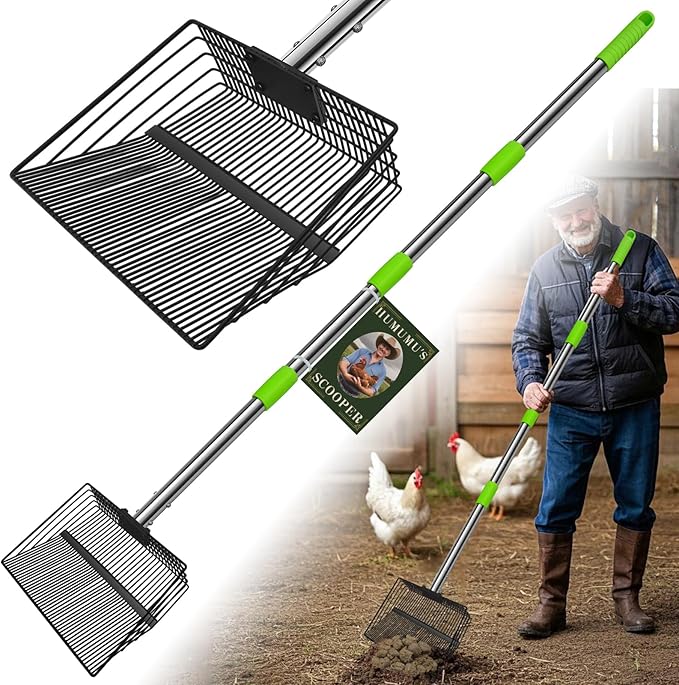 12inch Large Chicken Poop Scooper，2 Widths of Slots Litter Sifting Shovel （23 to 66"），Chicken Coop Litter Scoop with Stainless Steel Handle, 4 in 1 Multifunctional Heavy Duty Chicken Coop Accessories-PurrikoPets