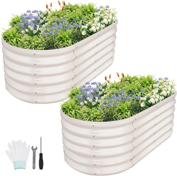 Galvanized Raised Garden Bed Outdoor- 2 Pcs Raised Beds for Gardening| Metal Planter Box, Steel Raised Garden Bed Kit with Gloves for Vegetables, Flower, Herbs (4x2x1.4FT, White)-PurrikoPets