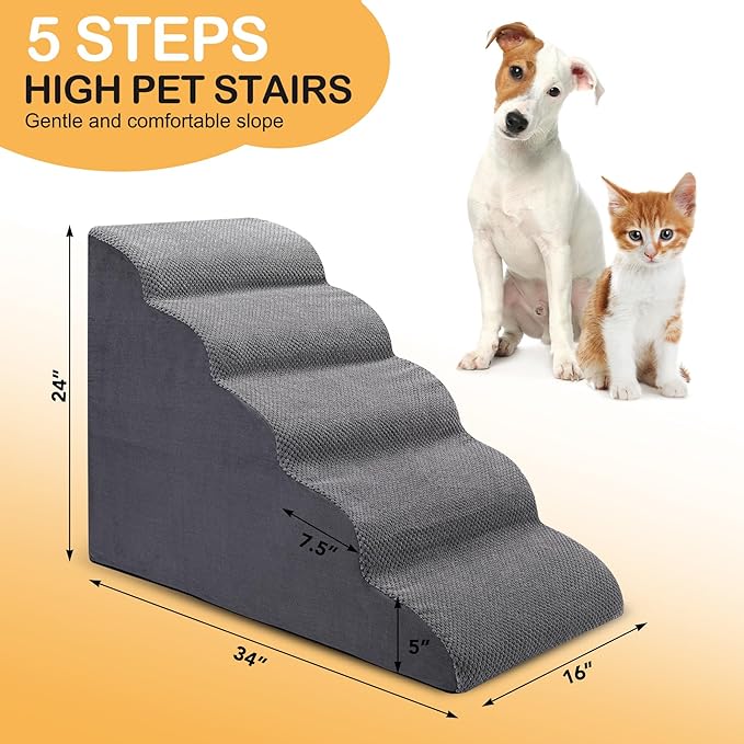 Dog Stairs for Bed, 5 Tier Dog Steps for Couch and High Bed, Non-Slip Pet Stairs, 24" High Sofa Foam Ramp - Best for Small Pets, Older Cats with Joint Pain-PurrikoPets