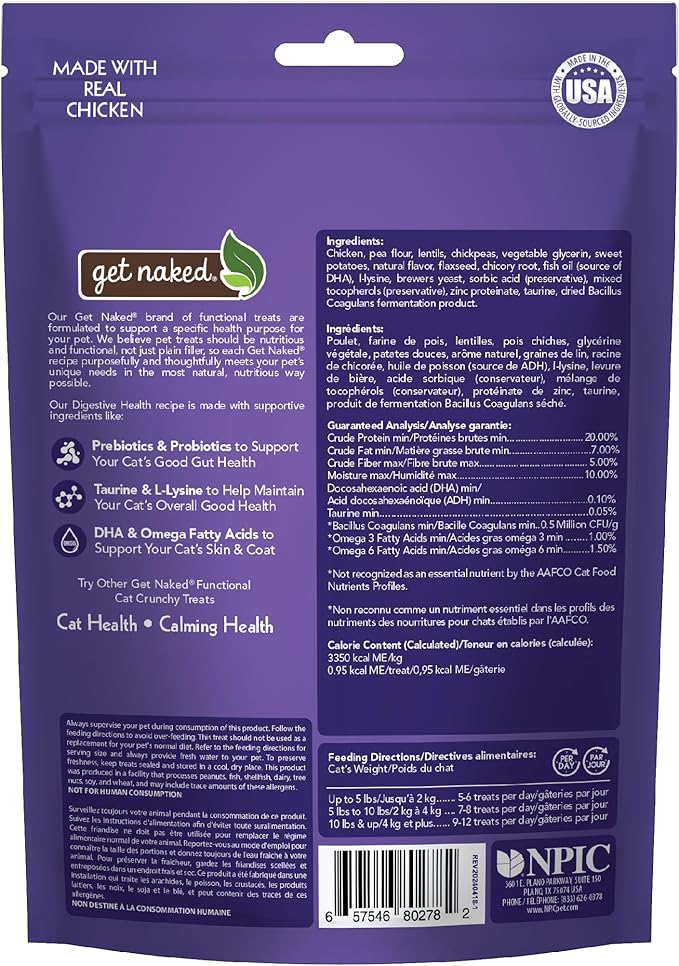 Get Naked Digestive Health Crunchy Cat Treats 2.5oz - Chicken Flavor, Grain-Free Cat Probiotics for Indoor Cats, Supports Healthy Digestion, Dental Health & Immunity, Made in The USA-PurrikoPets