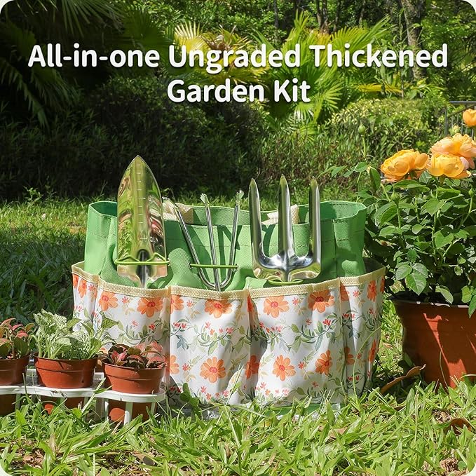 Gardening Tools 10-Piece Heavy Duty Stainless Steel Hand Tools with Durable Garden Tools Storage Tote,Rust-Proof Garden Tool Set, Ideal Gardening Gifts for Women Yellow Floral Pattern Design-PurrikoPets
