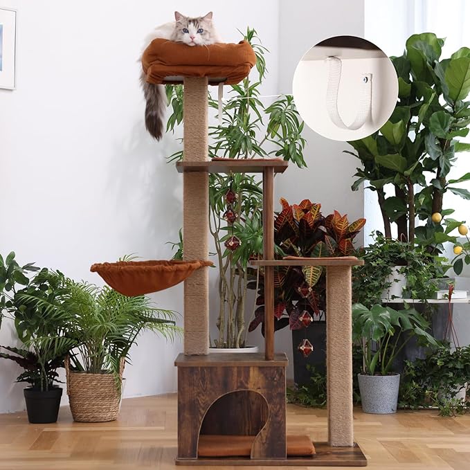 FUKUMARU Cat Tree, 4 in 1 Large Modern Cats Tower with Jute Scratching Post and Hammock, Wood Cat Condo with silvervine Balls, Brown Cat Climber Stand Playhouse for Indoor Cats, Retro Style-PurrikoPets