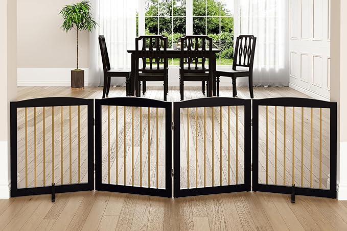 Freestanding Pet Gate for Dogs, Foldable Wooden Dog Gate for House, Indoor Dog Gate for Stairs, Doorways, Step Over Pet Puppy Safety Fence, 80 Inch Wide, 4 Panels 24", Black & Gold-PurrikoPets
