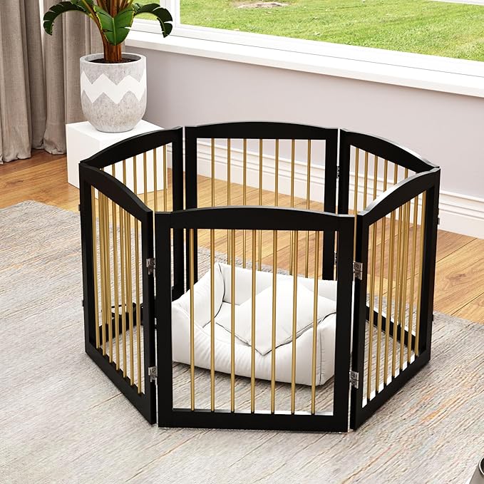 Freestanding Pet Gate for Dogs, Foldable Wooden Dog Gate for House, Extra Wide Indoor Pet Barrier for Stair, Doorway, Hall, Support Feet Included, 120 Inch Wide, 6 Panels 24",Black&Gold-PurrikoPets