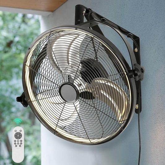 16 inch Wall Mount Fan with Lights and Remote,6-Speed Gazebo Ceiling Fan Adjustable Tilt Dimmable Wall Fan,High Velocity Industrial Outdoor Fans for Patio,Garage,Commercial,Black-PurrikoPets