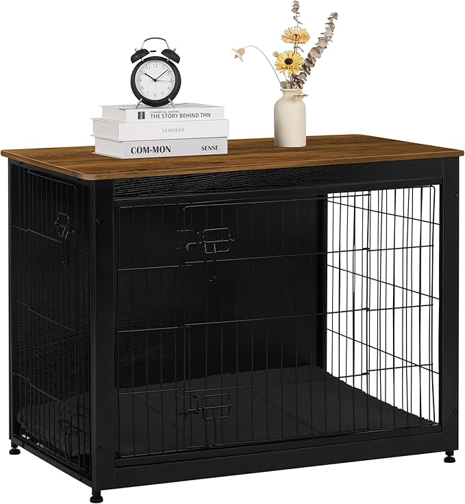 DWANTON Dog Crate Furniture with Cushion, Wooden Kennel Table with Double Doors, Indoor Dog House, Large Size, 38.5" L, Black+Warm Brown-PurrikoPets