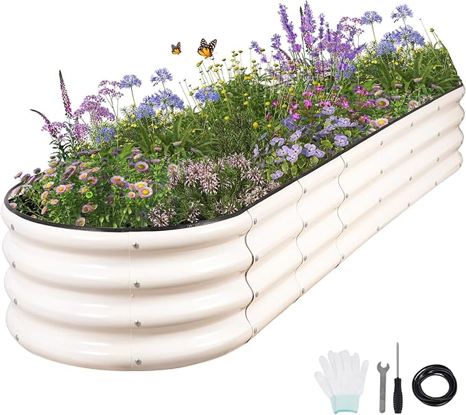 Galvanized Raised Garden Bed - 8x2x1FT Metal Planter Boxes Outdoor | Oval Steel Raised Bed Kit for Gardening with Protective Tape, Bracing Rods, Gloves for Vegetables, Flower, Herb (White)-PurrikoPets