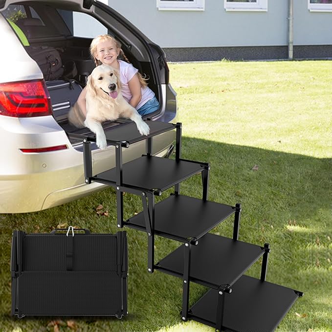 Extra Wide 5 Steps Dog Stairs for Large Dogs, Foldable Dog Ramp for Car with Non-Slip Surface, Lightweight Dog Stairs for Cars, Dog Steps for Cars, SUV, High Beds, Truck, Supports up to 250 lbs-PurrikoPets