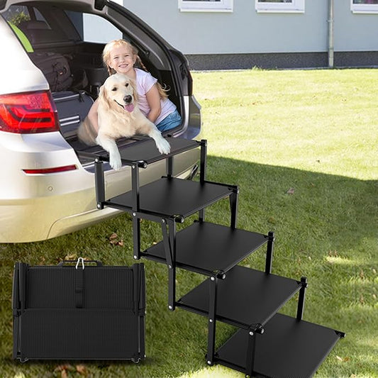 Extra Wide 5 Steps Dog Stairs for Large Dogs, Foldable Dog Ramp for Car with Non-Slip Surface, Lightweight Dog Stairs for Cars, Dog Steps for Cars, SUV, High Beds, Truck, Supports up to 250 lbs-PurrikoPets
