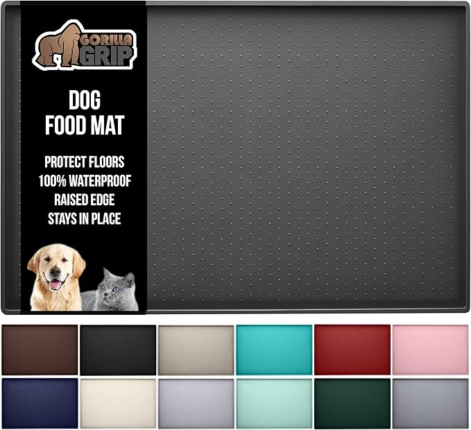 GORILLA GRIP 100% Waterproof Raised Edge BPA Free Silicone Pet Feeding Mat, Dog Cat Food Mats Contain Spills Protects Floors, Placemats for Cats and Dogs Water Bowl, Pets Accessories 16x10, Charcoal-PurrikoPets