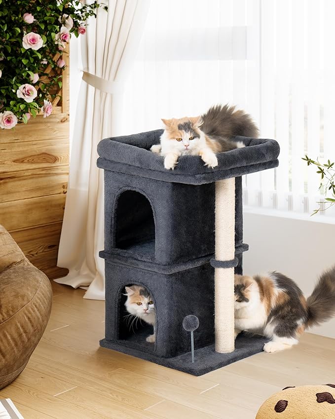 24in Cat Tree Tower with Scratching Post, 19 * 16.5in Window Perch for Large Cats, 2 Cat Condo Cubbies for Indoor Kittens, Dark Gray-PurrikoPets