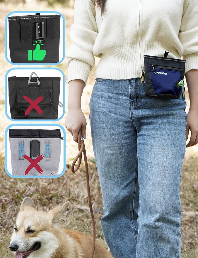 Gobeigo Dog Treat Pouch and Training Clicker, Upgrade Two Magnetic Closure to Prevent Spills, 2 Cup Treat Bag with Poop Bag Dispenser, Metal Clip Waist Belt Fanny Pack for Pet Walk (Black/Blue)-PurrikoPets