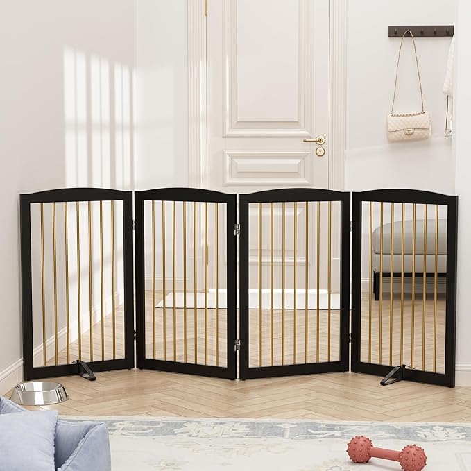 Freestanding Pet Gate for Dogs, Indoor Wooden Dog Gate for House, Foldable Dog Gate for Doorway, Stair, Step Over Pet Puppy Safety Fence Tall, 80 Inch Wide, 4 Panels 32", Black & Gold-PurrikoPets
