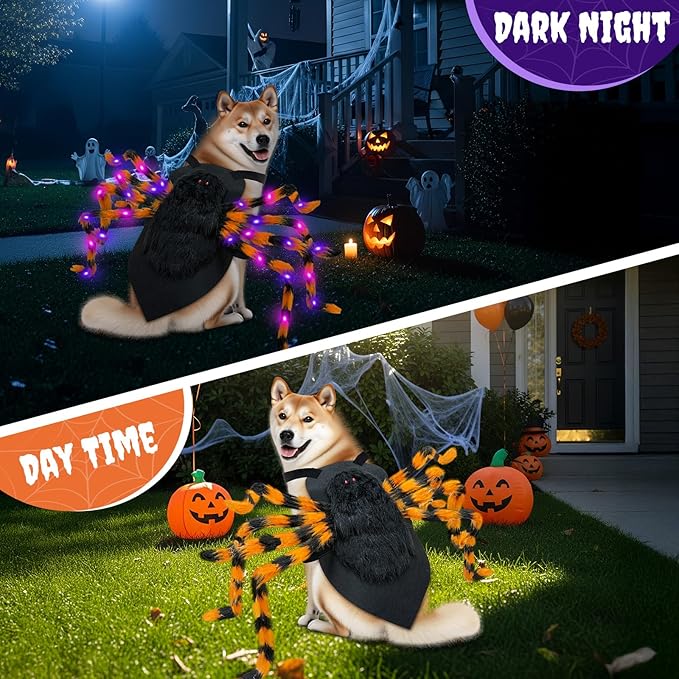 Dog Halloween Costume Large Breed, Furry Dog Spider Costume with 64 LED, Funny Halloween Dogs Costumes for Large Dogs Medium Pet Halloween Party Cosplay (Orange)-PurrikoPets