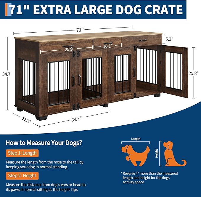 71 Inch Dog Crate Furniture for 2 Rooms, Wooden Double Crate Large Breed with Door, Dog Kennel Indoor, TV Stand End Table with Divider for Large Medium Dogs,Brown-PurrikoPets