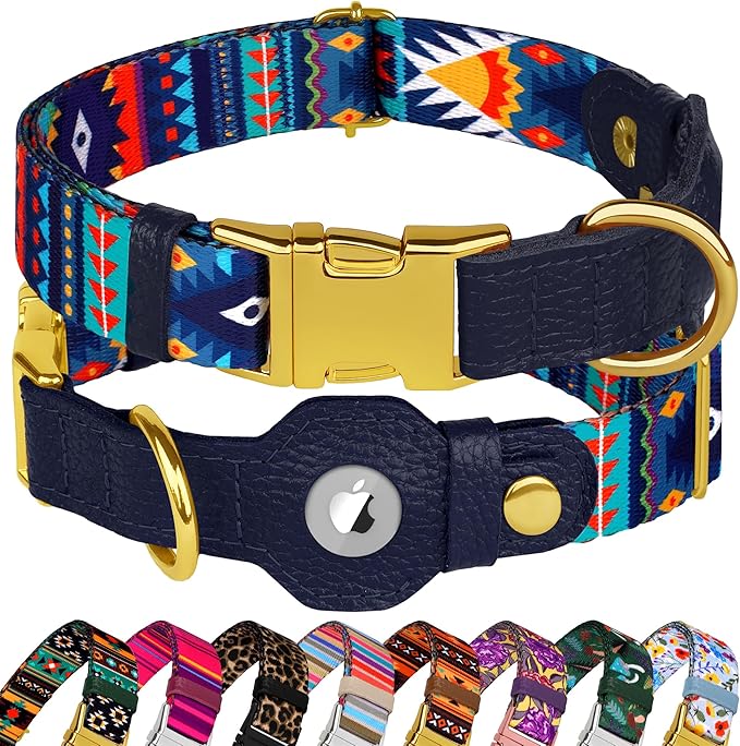 AirTag Dog Collar for Small Medium Large Breed - Adjustable Cute Pattern Dog Collar with Airtag Holder - Soft Leather Tracker GPS Apple Air Tag Pet Collars (X-Small, 9"-12" Neck Fit, Navajo)-PurrikoPets