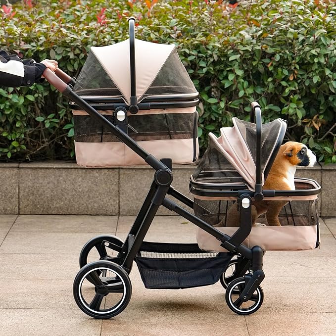 Foldable Double Pet Stroller for 2 Small Medium Cats Dogs, Lightweight Single and Double Integrated Pet Stroller with Detachable Carriers-PurrikoPets
