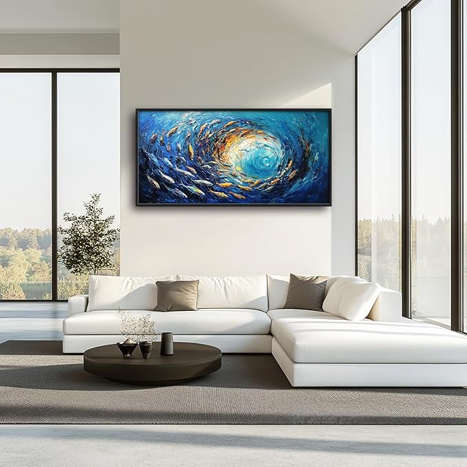 Extra Large Framed Abstract Ocean Fish Wall Art,Oversized Blue Sea Nautical Fish Wall Decor Pictures for Living Room,Canvas Print Painting Modern Artwork Bedroom Office Bathroom Home Decor 60L x30W-PurrikoPets