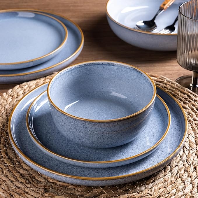 GBHOME Ceramic Dinnerware Sets for 8, 24 Pieces Stoneware Plates and Bowls Sets, Scratch Resistant Dishes, Dishwasher & Microwave Safe, Reactive Glaze-Brunnera Blue-PurrikoPets