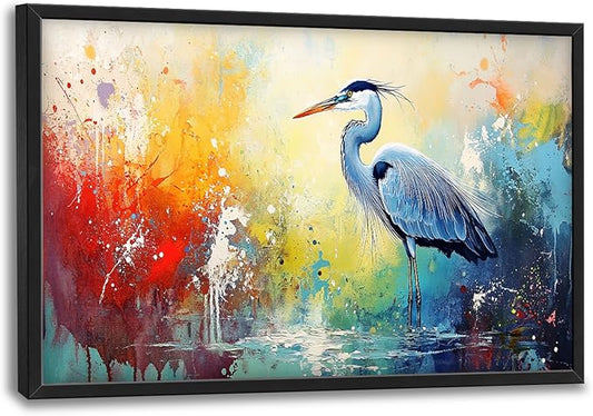 Extra Large Framed Abstract Heron Wall Art,Oversized Colorful Graffiti Heron Wall Decor Pictures for Living Room,Canvas Print Painting Modern Artwork Bedroom Office Bathroom Home Decor 36L x 24W-PurrikoPets