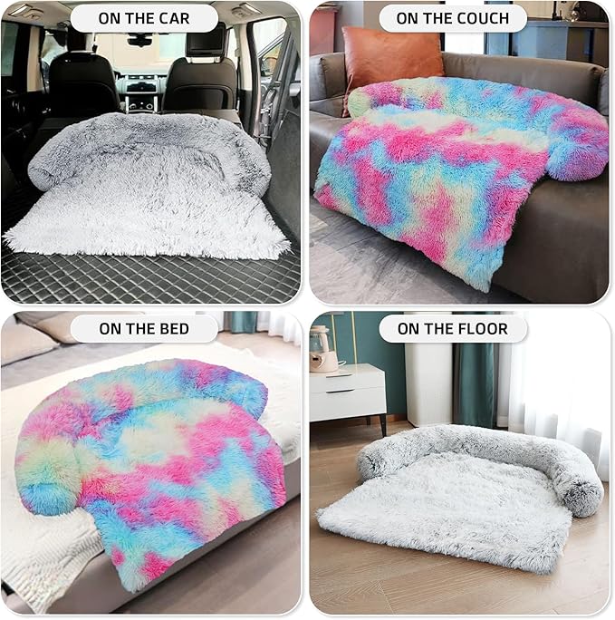 GGIB Calming Dog Bed Fluffy Plush Dog Mat for Furniture Protector with Removable Washable Cover for Large Medium Small Dogs and Cats (Medium, Rainbow)-PurrikoPets
