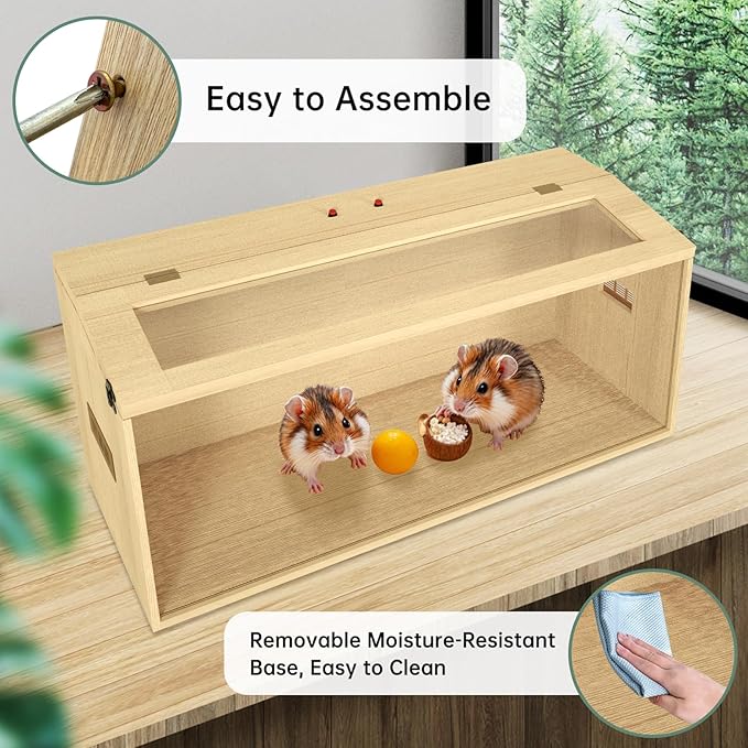 32" Hamster Habitat Enclosure, Top Opening Lockable Roof Door, Gerbil Dwarf Hamster Cage with Hygrometer, Chewproof Syrian Hamster Cage for Mice, Small Animal, (Wooden, 32" L x 16" W x 16" H)-PurrikoPets