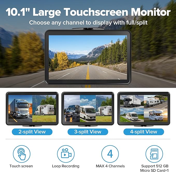 AI 4 Channel Dash Cam 1080P RV Backup Camera System with 10.1 Inch Touch Monitor,Person Detection MDVR Recording with 4pcs IP69K Waterproof Cameras for Truck/Trailer/Camper Van/SUV/Fleet-PurrikoPets