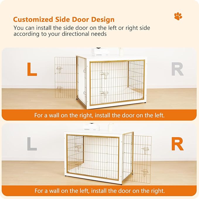 DWANTON Dog Crate Furniture with Cushion, Wooden Kennel Table with Double Doors, Indoor Dog House, Extra Large Size, 43.3" L, White+Gold-PurrikoPets
