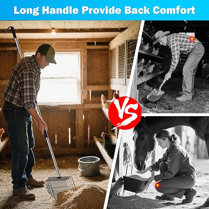 10 inch Large Chicken Poop Scooper,4 in1 Chicken Coop Poop Shovel,Adjustable 32" to 67" Stainless Steel Chicken Coop Scoop,Litter Sifting Shovel Poop Scooper for Chicken Coop Pet Waste-PurrikoPets