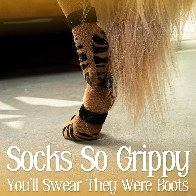 DOK TigerToes Premium Non-Slip Dog Socks for Hardwood Floors - Extra-Thick Grip That Works Even When Twisted - Prevents Licking, Slipping, and Great for Dog Paw Protection (XXS, Cool Caramel)-PurrikoPets