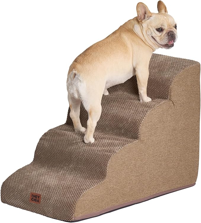 EHEYCIGA Curved Dog Stairs Ramp for High Beds 19.7" H, 4-Step Dog Steps for Small Dogs and Cats, Pet Stairs for High Bed Climbing, Non-Slip Balanced Pet Step Indoor, Camel-PurrikoPets