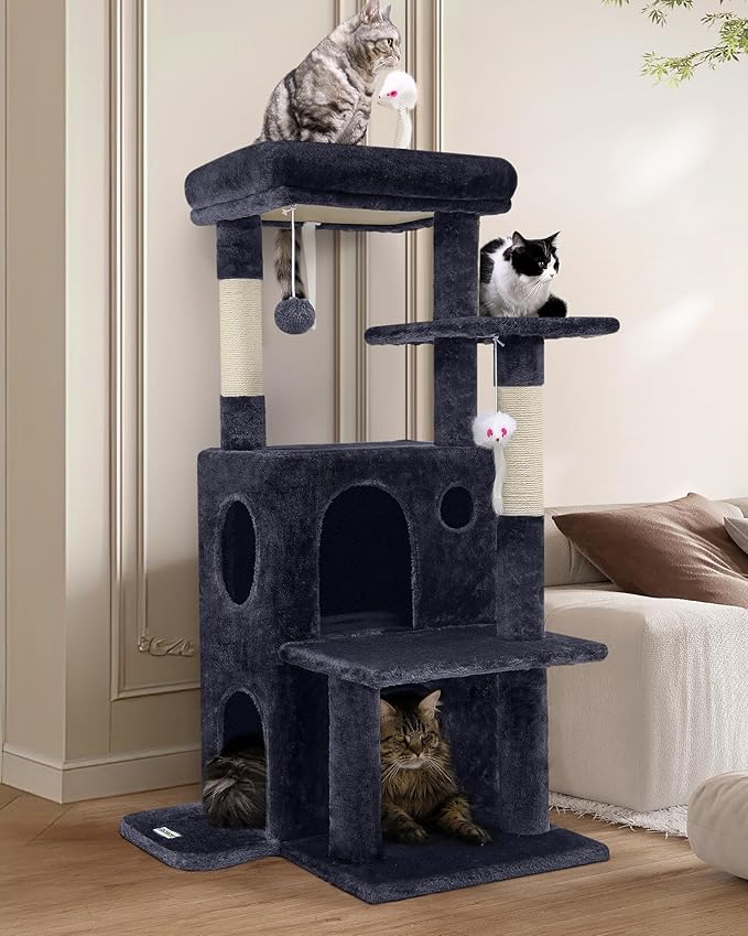 Globlazer Cat Tree Tower for Indoor Cats, 50-inch Adult Cat Tree House for Large Adult Cats with Steps, Scratching Post, 2 Cat Caves, Dangling Toys, FC50, Dark Grey-PurrikoPets