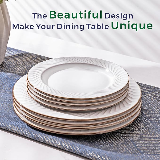 GBHOME Ceramic Dinnerware Sets,12 pcs Embossed Elegant Stoneware Plates and Bowls Sets, Housewarming Wedding Gift | Dishwasher & Microwave Safe | Dishes Set Service for 4-PurrikoPets