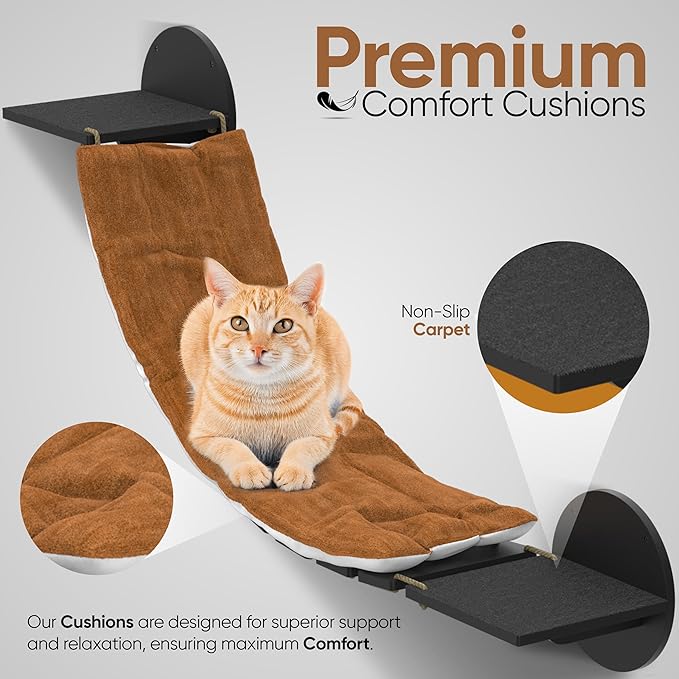 FURRY VIBES Cat Wall Shelves & Perches – 7-in-1 Cat Wall Furniture Set with Bed, Climbing Steps, Scratcher & Bridge Ladder – Black Bamboo Wall Cat Shelf for Indoor Cats-PurrikoPets