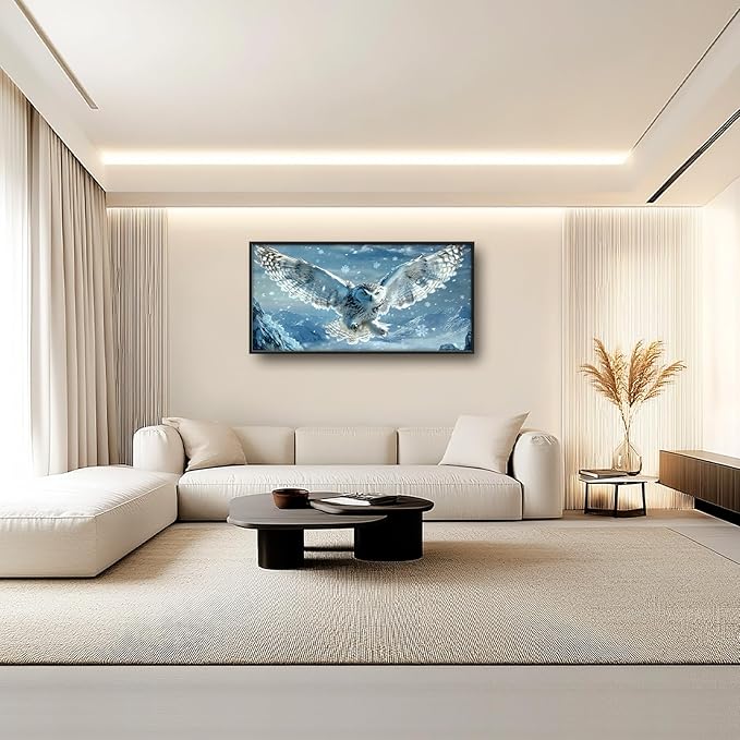 Framed Large Snowy Owl Wall Art for Living Room, Oversized Snowy Mountain Wall Decor Landscape Canvas Painting Modern Artwork Home Decoration for Living Room Bedroom Office 60"x30"-PurrikoPets