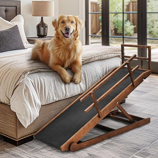 Dog Ramp, 5 Level Adjustable Wooden Folding Pet Ramp for Middle Bed, Couch,SUV-High Traction, Portable Paw Ramps for Small & Large Old Dogs & Cats - Furniture Quality-PurrikoPets