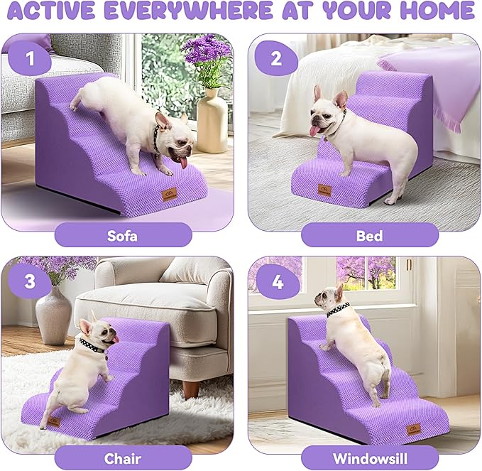 Dog Ramp and Stair for Bed 16" H-20 H,3-Step Cat Stair for Sofa and Chair,4-Step Dog Ramp for High Bed and Window,Durable Nonslip Fabric Cover for Indoor (Purple-20 H, Pet Friendly, 4)-PurrikoPets