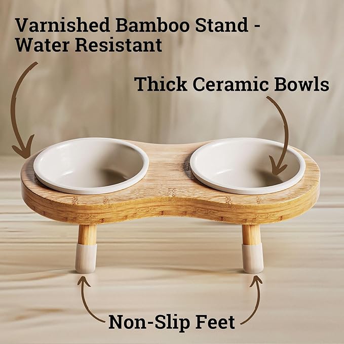 Elevated Cat Bowls - Set of 2 Ceramic Pet Food Bowls with Anti-Slip Bamboo Stand - 15 Degree Titled - Raised Dog Bowl for Small Dogs - Raised Cat Bowl Stand - Pet Feeding Station for Cats & Small Dogs-PurrikoPets