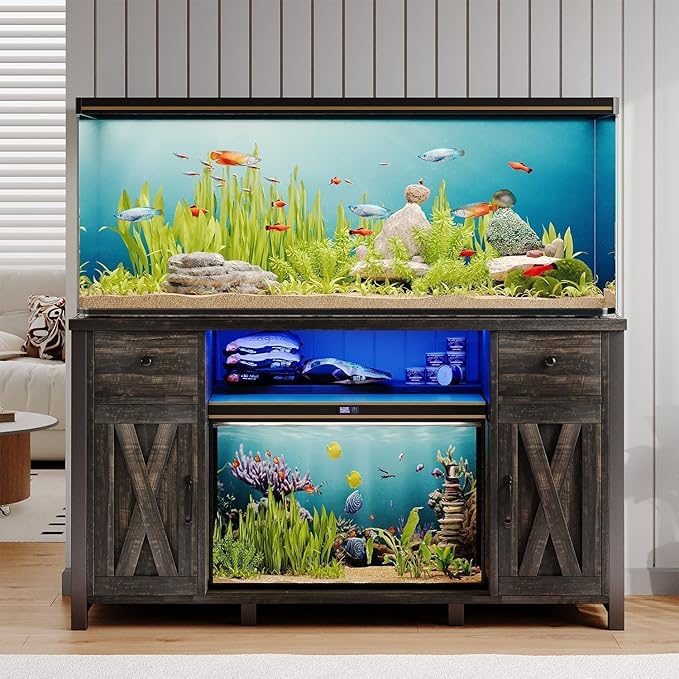 75 Gallon Fish Tank Stand with LED Light & Power Outlets, 55-75 Gallon Heavy Duty Metal Aquarium Stand with Drawers & Barn Doors, Cabinet for 2 Fish Tank Accessories Storage, Dark Oak-PurrikoPets