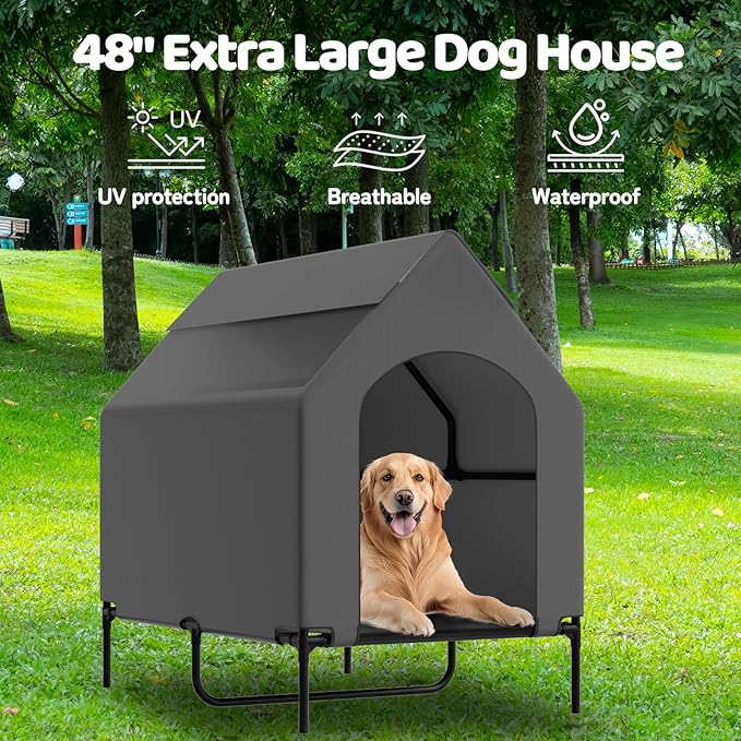 48” Extra Large Dog House-2-in-1 Extra Large Dog House with 8.5” Elevated Dog Bed-Weatherproof Waterproof Outdoor Dog House,Easy to Clean-PurrikoPets