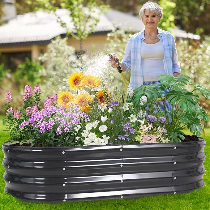 Galvanized Raised Garden Bed Outdoor - 4×2×1ft Planter Raised Beds for Gardening | Oval Metal Garden Planter Box with Safety Edging and Gloves for Vegetables Fruits and Flowers - Grey-PurrikoPets