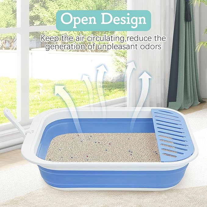 Fhiny Cat Litter Box Portable Shallow Litter Box 17.7"x13.4"x4.9" Foldable Cat Toilet with Scoop Open Kitty Potty Pan with Litter Drop Pedal Easy to Clean Travel Kitten Toilet(Blue)-PurrikoPets
