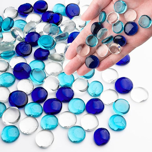 1LB Mixed Blue Glass Marbles, Transparent and Smooth Flat Glass Beads for Vases, Mosaic Gem Pebbles for Aquarium Decor, Floral Arrangements, Mancala Stones, Vase Filler and Crafts (Approx. 80-100 PCS)-PurrikoPets