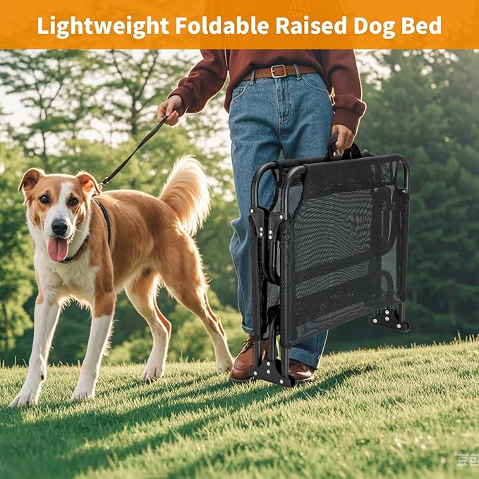 Elevated Dog Bed, Foldable Raised Dogs Bed Outdoor Dog Cots Beds for Large Dogs Cooling Outside Camping Chew-Proof No Assembly Need, Black-PurrikoPets